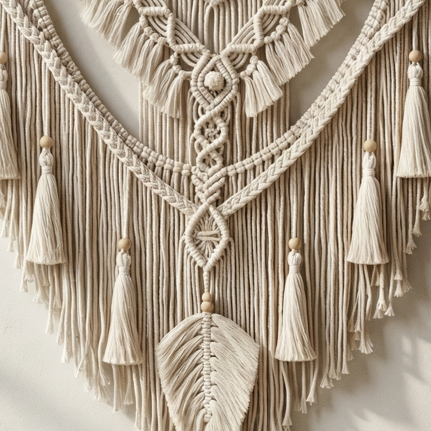 VibeWeave 80x95cm Macrame Wall Hanging - Handmade Boho Cotton Woven Tapestry with Tassels and Wooden Beads, Cream