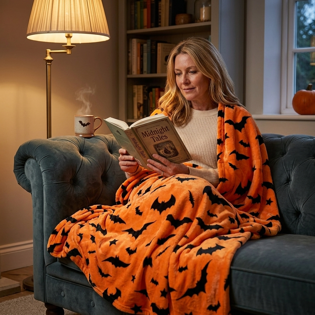 Halloween Bat and Star Print Flannel Throw Blanket - Soft Fleece, Orange and Black, 150x200cm