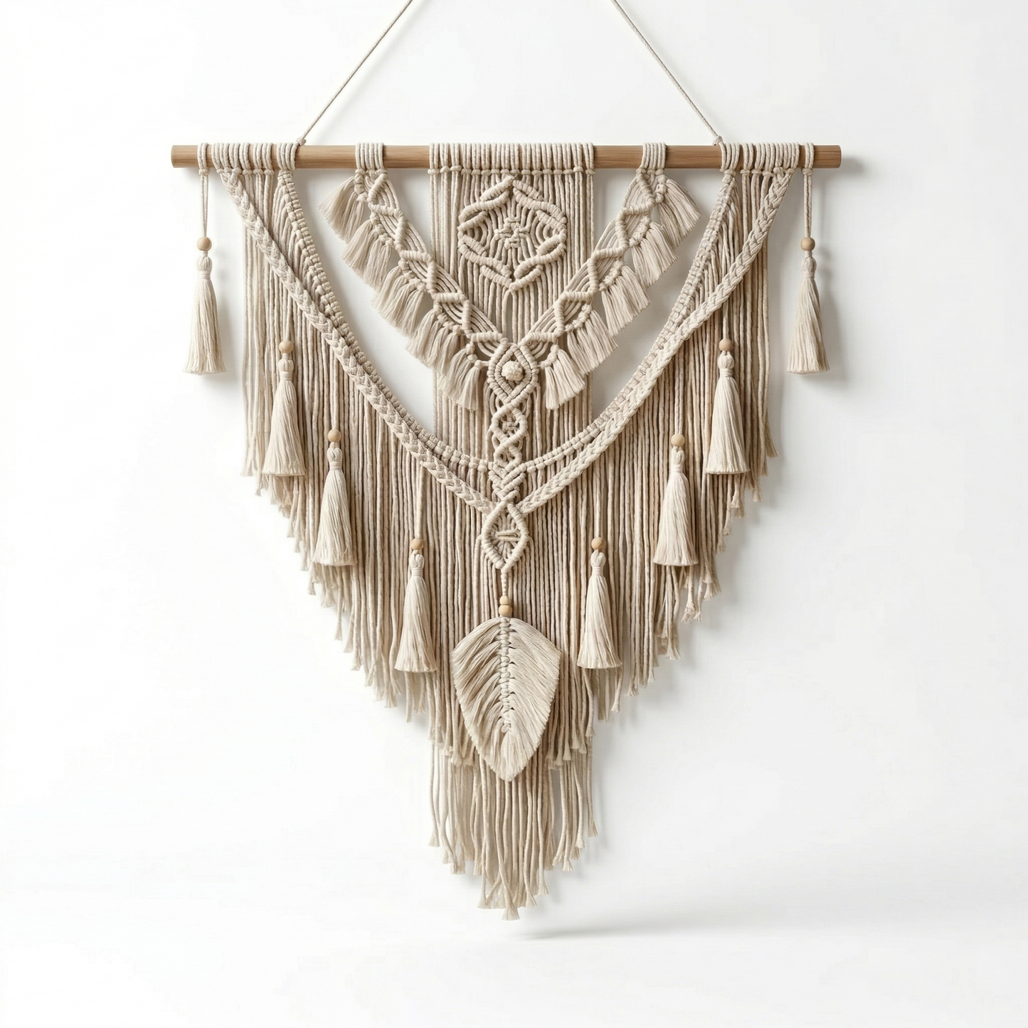 VibeWeave 80x95cm Macrame Wall Hanging - Handmade Boho Cotton Woven Tapestry with Tassels and Wooden Beads, Cream