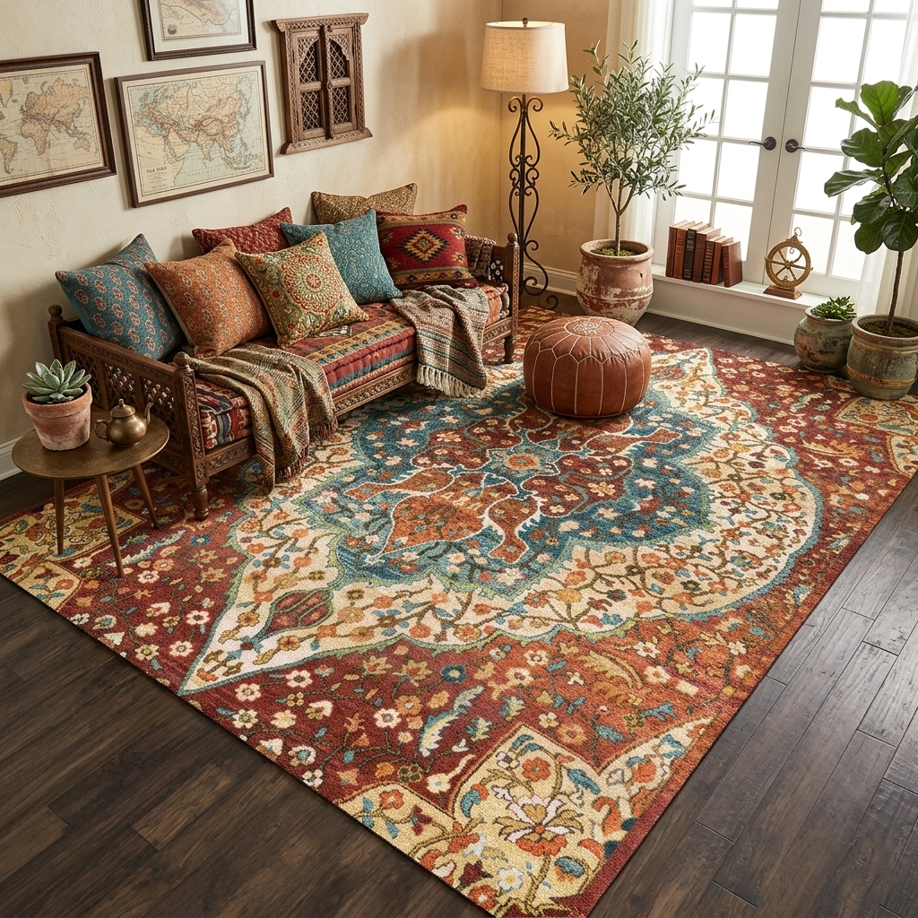 Traditional Persian Style Area Rug - Large 200x300cm (6.7' x 10') Red and Blue Vintage Floral Carpet for Living Room