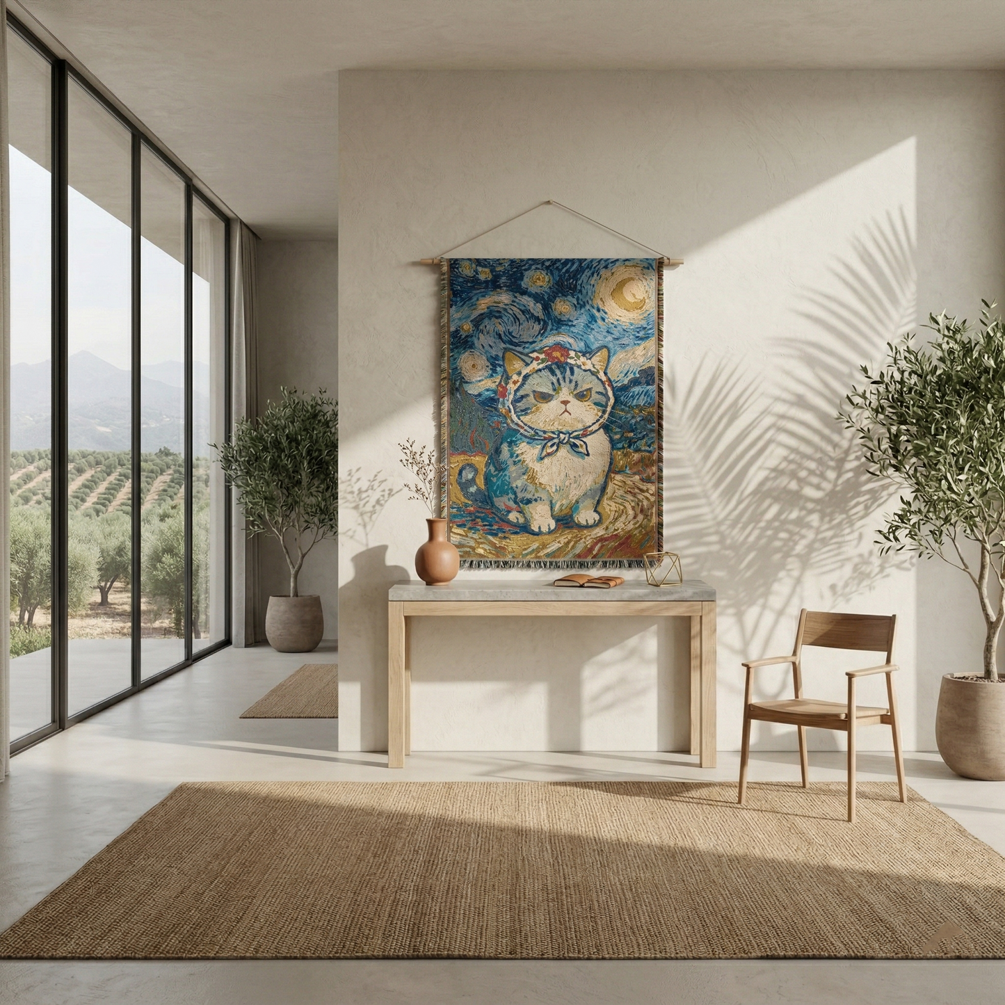 130x180cm Starry Night Cat Woven Tapestry - Large Artistic Van Gogh Style Throw Wall Hanging Decor