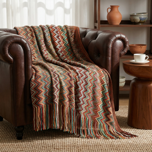 Large Bohemian Chevron Sofa Blanket - 51x91 Inches Long Decorative Knitted Throw with Fringe - Multicolor Geometric Pattern