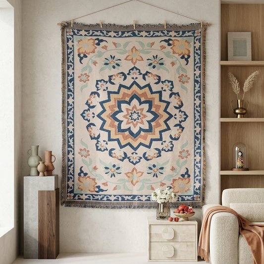 Large Mandala Floral Woven Tapestry - Vintage Persian Style Wall Art Hanging - Blue & Cream Aesthetic Room Decor (130x180cm)