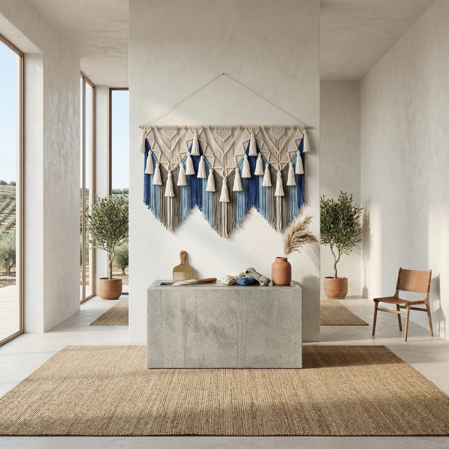 120x90cm Large Macrame Feather Wall Hanging - Sage Green & Brown Cotton Leaf Tapestry, Boho Forest Wall Decor