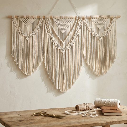 110x80cm Extra Large Macrame Wall Hanging - Triple V-Shape Boho Woven Tapestry, Handmade Cotton Wall Decor