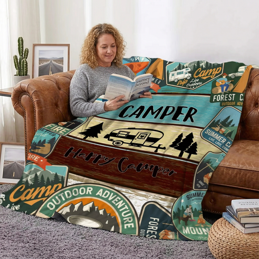 Camping Themed Soft Fleece Blanket - 59x79 Inches Large RV Travel Throw - Vintage Outdoor Adventure Pattern for Camper & Trailer