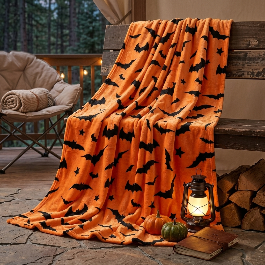Halloween Bat and Star Print Flannel Throw Blanket - Soft Fleece, Orange and Black, 150x200cm