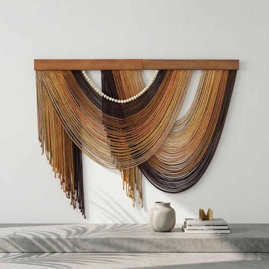 100x80cm Modern Fiber Art Wall Hanging - Wood Ledge Boho Tapestry, Earth Tone Gradient Yarn Wall Decor