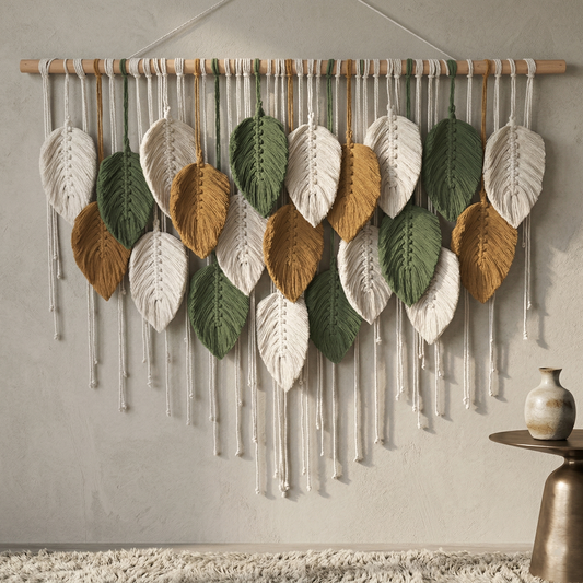 VibeWeave Large Macrame Wall Hanging - 100x80cm Boho Cotton Feather & Leaf Wall Art, Forest Green & Gold Decor