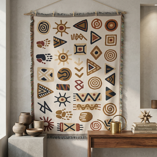 Bohemian Tribal Symbol Woven Tapestry - Geometric Sun & Handprint Wall Art - Vintage Ethnic Style Wall Hanging for Room Decor (130x180cm)