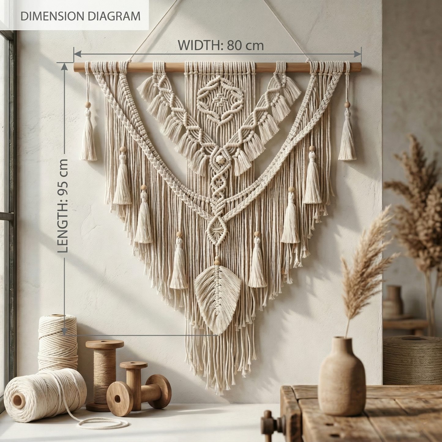 VibeWeave 80x95cm Macrame Wall Hanging - Handmade Boho Cotton Woven Tapestry with Tassels and Wooden Beads, Cream