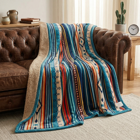 Large Colorful Geometric Knitted Throw - 59x79 Inches Bohemian Tribal Blanket - Decorative Ethnic Style Bed & Couch Cover