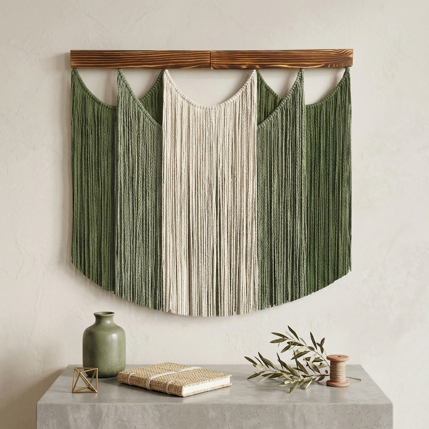 80x78cm Modern Macrame Wall Hanging - Handmade Sage Green & Cream Woven Fiber Art with Wood Ledge