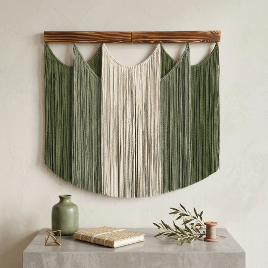 80x78cm Modern Macrame Wall Hanging - Handmade Sage Green & Cream Woven Fiber Art with Wood Ledge