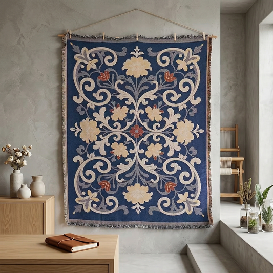 Vintage Baroque Floral Woven Tapestry - Navy Blue Damask Wall Art Hanging - Large Classic Aesthetic Room Decor (130x180cm)