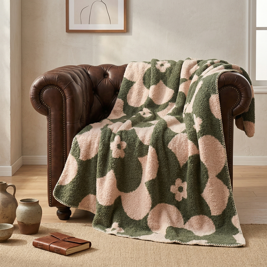 Cottagecore Floral Plush Throw - 59x79 Inches Large Botanical Pattern Blanket - Cozy Sage & Cream Decorative Throw