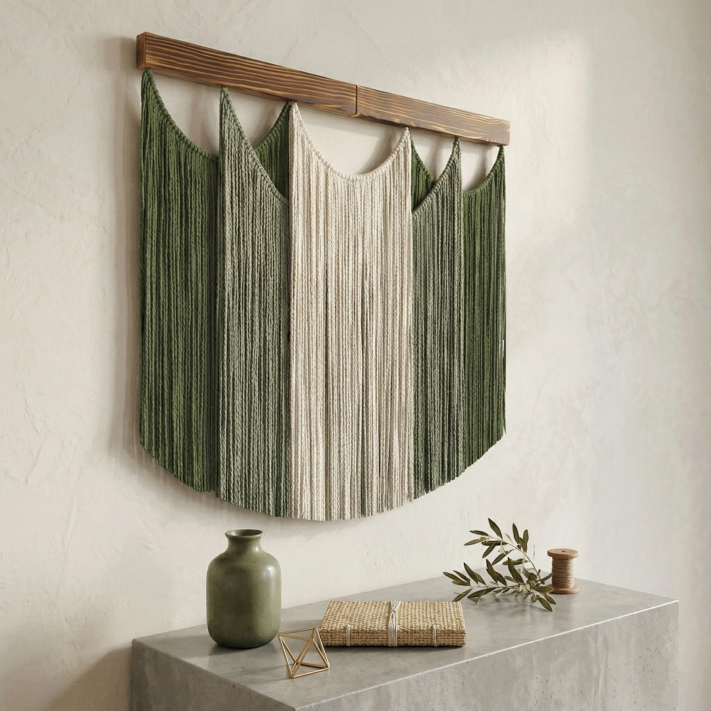 80x78cm Modern Macrame Wall Hanging - Handmade Sage Green & Cream Woven Fiber Art with Wood Ledge