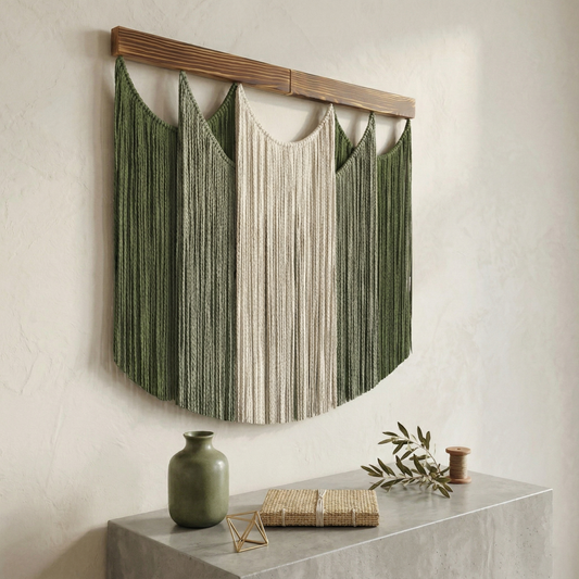 80x78cm Modern Macrame Wall Hanging - Handmade Sage Green & Cream Woven Fiber Art with Wood Ledge