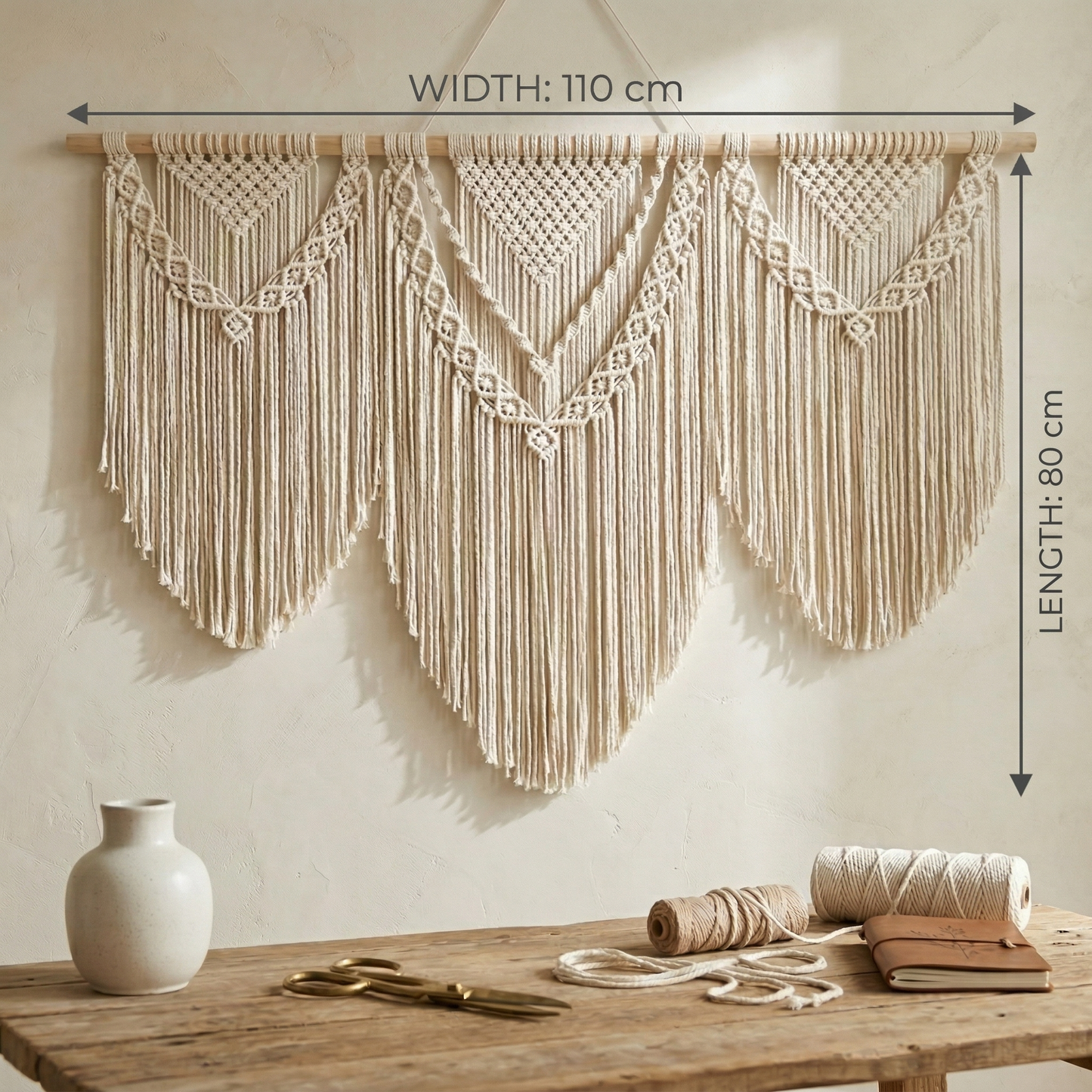 110x80cm Extra Large Macrame Wall Hanging - Triple V-Shape Boho Woven Tapestry, Handmade Cotton Wall Decor