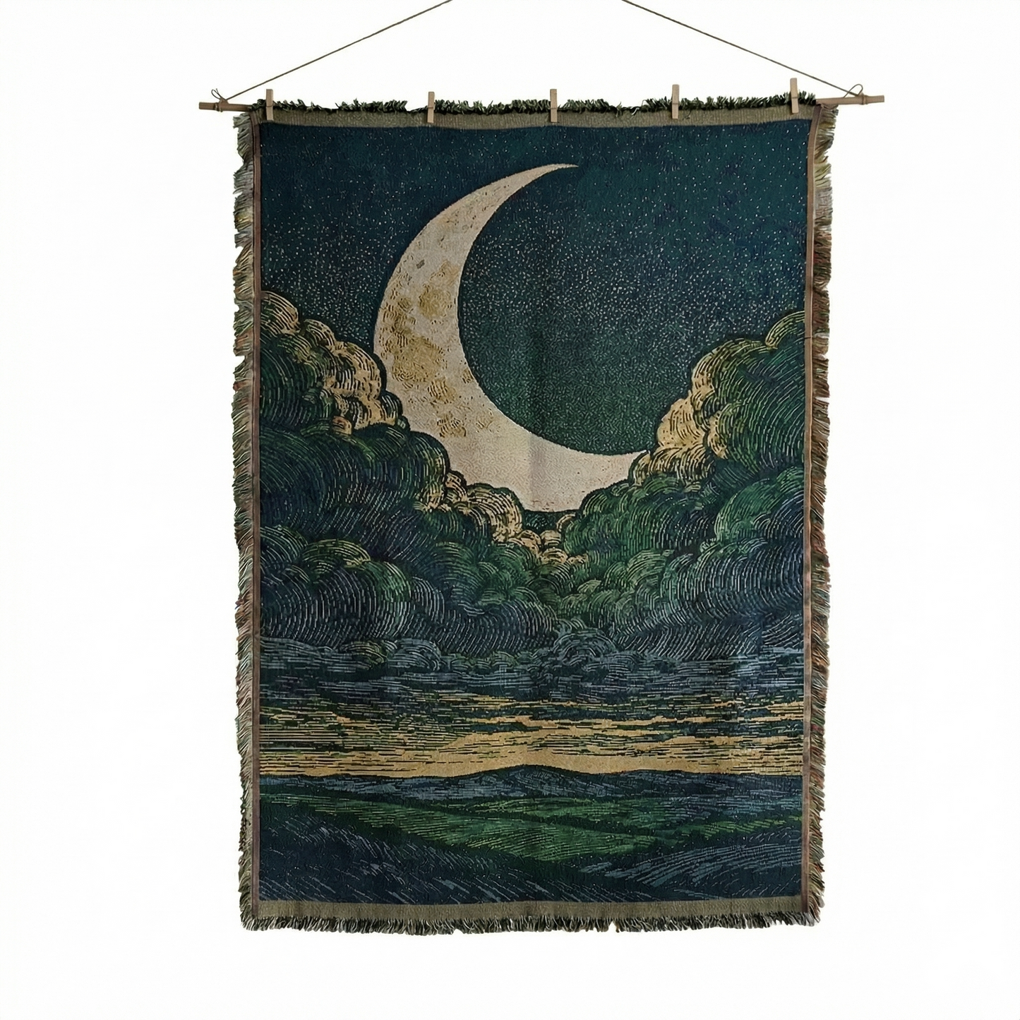 Large Celestial Moon & Stars Woven Tapestry - Dreamy Landscape Wall Art Hanging - Deep Blue & Gold Aesthetic Room Decor (130x180cm)
