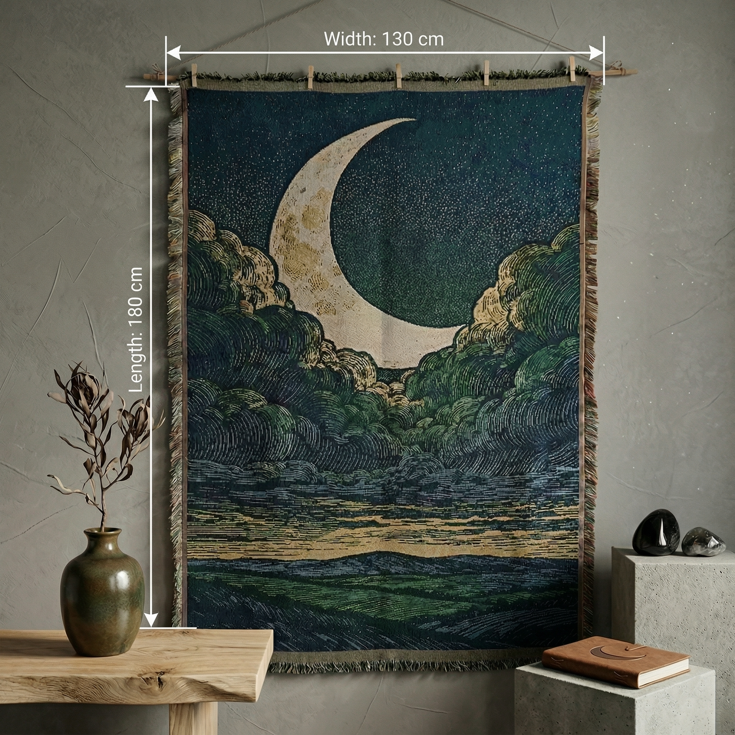 Large Celestial Moon & Stars Woven Tapestry - Dreamy Landscape Wall Art Hanging - Deep Blue & Gold Aesthetic Room Decor (130x180cm)